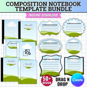 May include: A digital composition notebook template bundle featuring various labels and covers with a blue sky, white clouds, and green hills design. The text includes COMPOSITION NOTEBOOK TEMPLATE BUNDLE, INSTANT DOWNLOAD, COMPOSITION BOOK, and 50+ DESIGN DRAG N DROP.