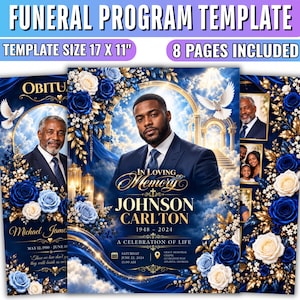 Peut inclure: Un modèle de programme funéraire avec un thème bleu et or, des roses blanches et des colombes. Le texte indique "FUNERAL PROGRAM TEMPLATE", "TEMPLATE SIZE 43.18 X 27.94 CM", "8 PAGES INCLUDED", "IN LOVING MEMORY", "JOHNSON CARLTON" et "A CELEBRATION OF LIFE".