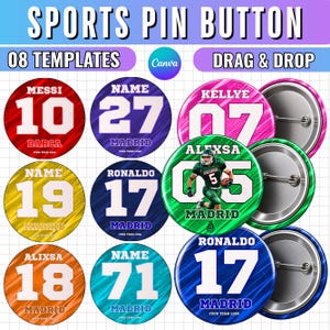 May include: A collection of eight circular sports pin buttons featuring customizable templates with names, numbers, and team locations. The designs include various metallic-textured backgrounds in red, purple, pink, yellow, blue, orange, and green colors.