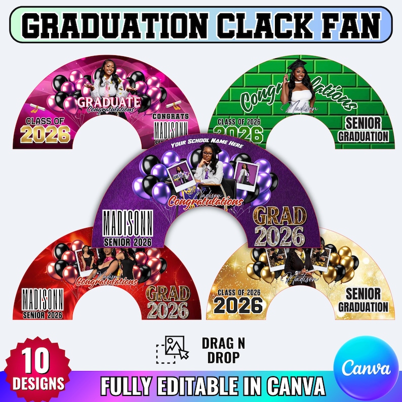 10 Graduation Clack Fan Design Canva Editable Template, Fully Editable In canva Grad Fan 26"X13" 25"X13" Chinese Fan Design, Drag&Drop Temp