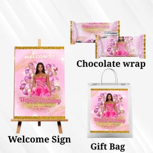 15x Birthday Party Favor Template Bundle, Pink Canva Editable Graduation Treats Design, Party Favor Custom Water Labels, Chip Bag, Wrapper