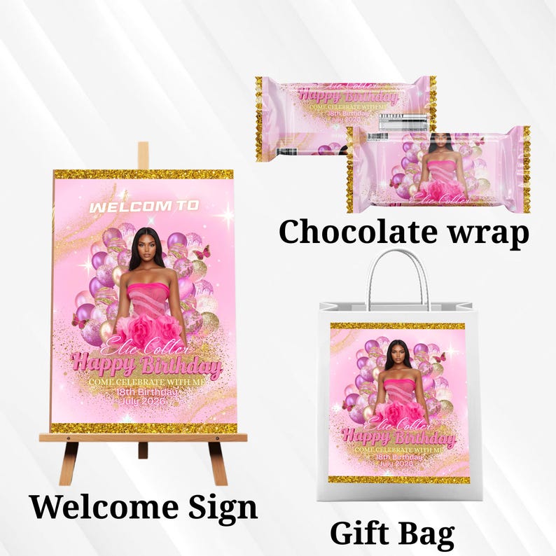15x Birthday Party Favor Template Bundle, Pink Canva Editable Graduation Treats Design, Party Favor Custom Water Labels, Chip Bag, Wrapper
