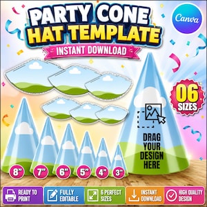 Könnte beinhalten: Eine digitale Party-Hut-Vorlage in sechs Größen von 3 bis 8 Zoll. Das Design umfasst flache und montierte Kegelformen mit blauem Himmel, weißer Wolke und grüner Hügelgrafik. Text: PARTY CONE HAT TEMPLATE und DRAG YOUR DESIGN HERE.