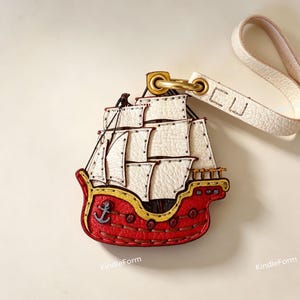Vintage Red White Pirate Sailboat Leather Bag Charm, Hand Sewn Nautical Cowhide Keychain, Personalized Monogram Wrist Strap