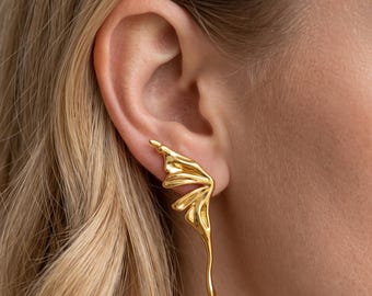 Statement Angel Wings Earrings, 18k Gold Plated Stainless Steel, Long Dangle Jewelry