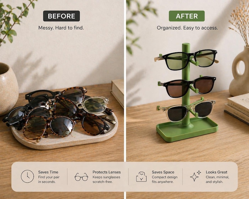 May include: A before-and-after image shows a messy pile of sunglasses on a tray, contrasted with a green sunglasses organizer holding three pairs. The organizer is on a wooden surface. Text reads "BEFORE" and "AFTER".