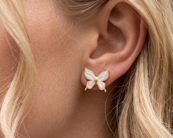 18k Gold Plated Butterfly Earrings, White Enamel Stainless Steel Studs