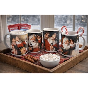 Juego de tazas navideñas con retrato de Papá Noel de Coca Cola (4) Tazas vintage Sakura Stoneware 2002