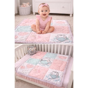 Edredón de bebé hecho a mano con diseño de búho y patchwork, color rosa aguamarina, para guardería, 42 x 32 pulgadas