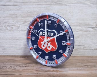 Route 66 Wall Clock - Americana Industrial Garage Art Sign - 3D Layered Gift for Mechanic racing fan - Mother Road Decor Man Cave Timepiece