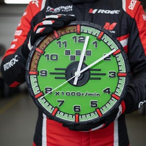 May include: A green and black clock with white hands, designed to look like a car's RPM gauge. The clock face has numbers and the text "x1000r/min". The clock is held by someone wearing a racing suit.