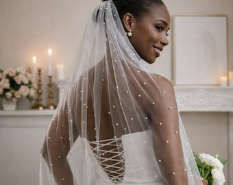 Pearl Cathedral Veil, Single Layer  Bridal Veil with Scattered Pearls
