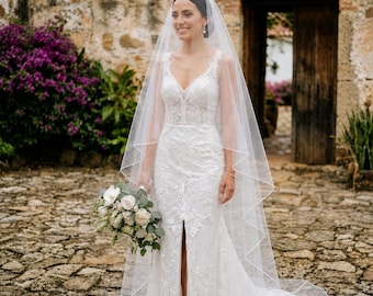 Rolled Edge Wedding Veil, Pencil Edge Bridal Veil, Long Cathedral Sheer Tulle Veil