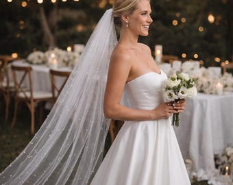 Pearl Single Layer  Wedding Veil with Scattered Pearls