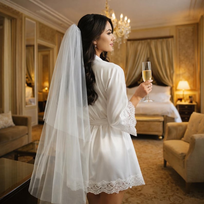 May include: A bride in a white satin robe and veil holds a champagne flute. The robe has lace trim on the sleeves and hem. The background shows a luxurious hotel room with a chandelier and a bed.