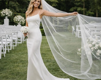 Single Tier Cathedral Wedding Veil, Long Lightweight Minimalist Classic Bridal Veil