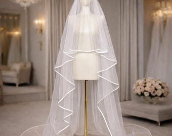 Two-Tier Bridal Veil, Satin Ribbon Trim, Cascading Volume Wedding Veil