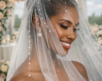 Ethereal Beaded Veil - Two Layer Wedding Veil with Hand Beaded Details Near Crown