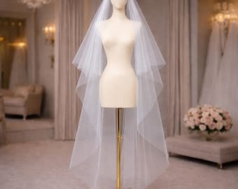 Angel Cut Cathedral Wedding Veil with Blusher, Two-Tier Tulle Bridal Veil