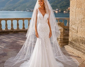 Rolled Edge Cathedral  Wedding Veil, Pencil Edge Bridal Tulle  Veil