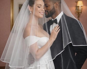 Double Layer Bridal Veil With Satin Edge, Two Tier Satin Trim Wedding Veil, Cascading Veil, Wedding Veil With Blusher