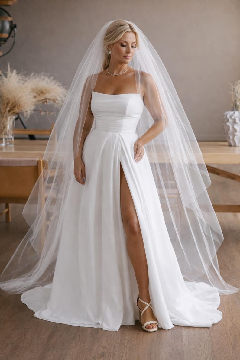 Two tier cathedral wedding veil with blusher, simple single layer sheer tulle bridal veil, long lightweight classic style