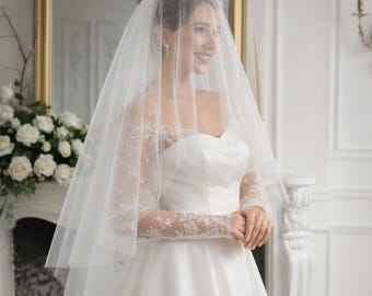 Two-Tier Wedding Veil with Blusher, Long Classic Wedding Veil For Ceremony, Double Layer Bridal Veil