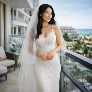 May include: A bride in a white lace wedding dress with spaghetti straps and a sweetheart neckline. She is wearing a long, sheer veil. The bride is standing on a balcony overlooking the ocean.