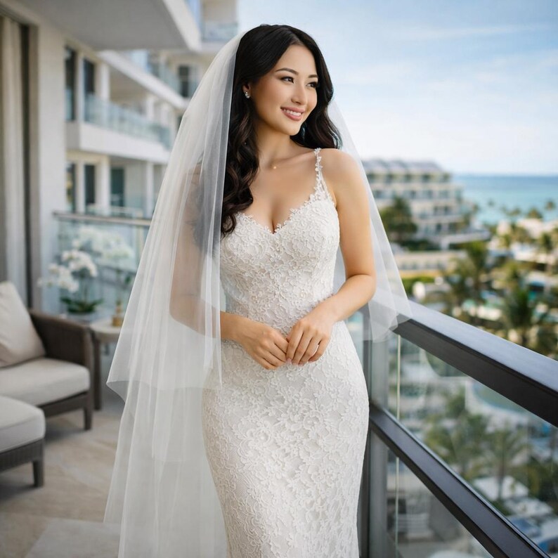 May include: A bride in a white lace wedding dress with spaghetti straps and a sweetheart neckline. She is wearing a long, sheer veil. The bride is standing on a balcony overlooking the ocean.