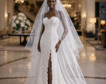 Velo de novia estilo catedral con corte de ángel y rubor, velo de novia de tul de dos niveles