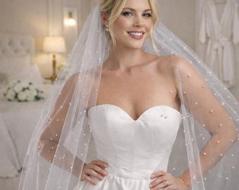 Pearl Single Layer Cathedral Wedding Veil with Scattered Pearls