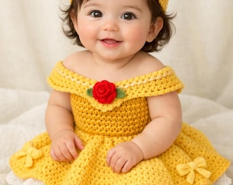 Crochet Baby Dress Pattern, Princess Belle Inspired, Off-Shoulder Design (PDF Download)