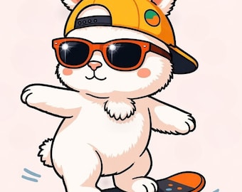 Skateboarding Bunny Clipart, Kawaii Animal PNG, Sunglasses Cartoon (Digital Download)