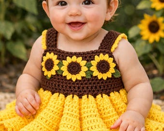 Crochet Sunflower Baby Dress Pattern | Newborn to Toddler + Headband (Digital PDF Download)