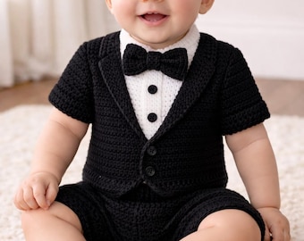 Crochet Baby Tuxedo Pattern – Shirt, Vest, Shorts, Bow Tie (PDF Download)