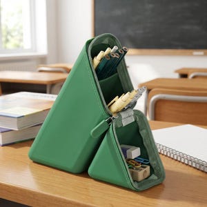 May include: A green, triangular pencil case with a zipper, open to reveal pencils and pens. The case is on a wooden desk in a classroom setting. The bottom compartment holds an eraser, paper clips, and a pencil sharpener.