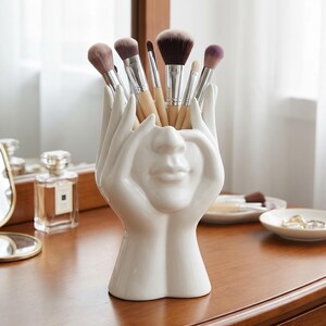 Abstract Face & Hands Sculptural Pen Pot | White Ceramic-Look Makeup Brush Holder | Artistic Desk Organiser