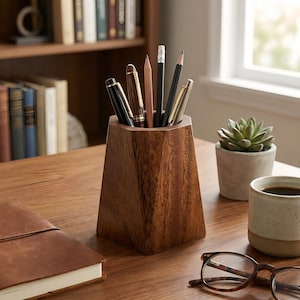 Puede incluir: Un organizador de escritorio de madera con un diseño geométrico, que contiene bolígrafos y lápices. El organizador está hecho de madera de tonos cálidos y se encuentra sobre un escritorio de madera. Una pequeña suculenta en una maceta, una taza de café y un cuaderno de cuero también están en el escritorio.