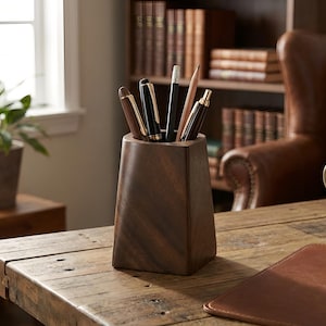 Peut inclure: Un organiseur de bureau en bois foncé contient des stylos et des crayons sur un bureau en bois rustique. L'organisateur est de forme géométrique. Un tapis de souris en cuir et une tasse sont également sur le bureau. Une fenêtre et une bibliothèque sont en arrière-plan.
