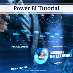 Könnte beinhalten: Eine Person im Anzug interagiert mit einem digitalen Datenvisualisierungstool. Das Bild zeigt den Text "Power BI Tutorial" oben, mit Schlüsselwörtern wie "Management", "Data Mining" und "Business Intelligence".