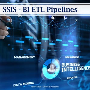 Puede incluir: Una persona con un traje oscuro utiliza un lápiz óptico para interactuar con una pantalla digital que presenta visualizaciones de datos. La pantalla incluye el texto "SSIS - BI ETL Pipelines", "Business Intelligence" y términos relacionados como "Management" y "Data Mining".