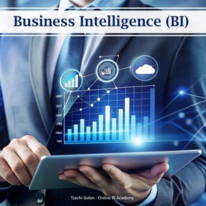 May include: A person in a suit holds a tablet displaying a data chart with blue bars and connecting icons. The image has the text "Business Intelligence (BI)" at the top. The background features a network of blue lines and lights.