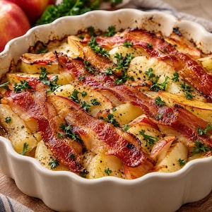 May include: A round, white, fluted ceramic baking dish filled with a baked casserole of sliced potatoes, red apple wedges, and crispy strips of bacon. The dish is seasoned with black pepper and garnished with fresh green parsley leaves.