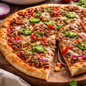 Op de afbeelding: Een vers gebakken pizza met een goudbruine korst, belegd met gehakt, gesmolten kaas, rode paprika's, in plakjes gesneden jalapeños en rode uien. Een stuk is gesneden en van de pizza verwijderd. Een kom salade staat op de achtergrond.