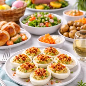 Può includere: Una tavola pasquale festosa con uova alla diavola guarnite con pancetta e piselli, insieme a prosciutto, insalata e panini. Un bicchiere di vino bianco e uova di Pasqua colorate completano la scena.