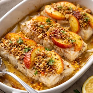 May include: Baked fish fillets topped with sliced peaches and a nut crumble, served in a white ceramic baking dish. Garnished with fresh parsley, a silver spoon, and a lemon half.