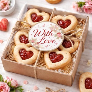 Può includere: Una scatola regalo piena di biscotti a forma di cuore con un ripieno rosso, legata con spago. Un adesivo rotondo con le parole "With Love" è sopra i biscotti. La scatola è su una superficie di legno bianco, con fiori rosa e caramelle a forma di cuore.