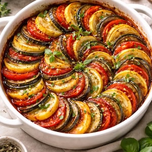 May include: A colorful ratatouille dish in a white ceramic baking dish. The dish features layered slices of tomatoes, zucchini, and yellow squash, arranged in a spiral pattern. Fresh herbs and oil are visible.