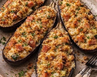 Recept gevulde aubergine, mediterraan gastronomisch diner (pdf-download)