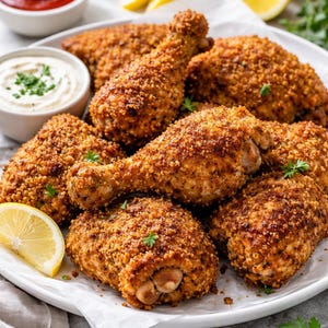 Recept på extra krispig ugnsbakad kyckling | Utskrivbart digitalt recept med instruktioner för airfryer och fritering